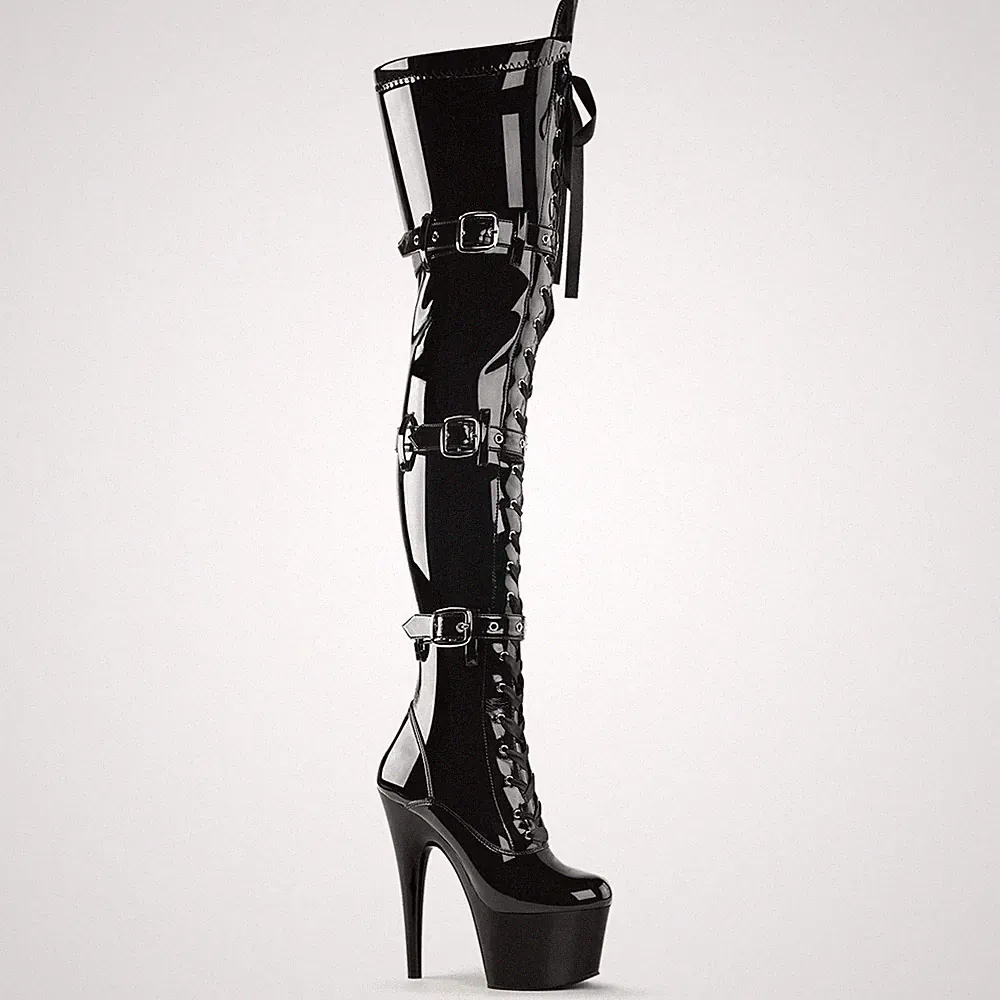 PleaserUSA Platform Overknee-Schnür-Stiefel Adore-3028 Stretchlack schwarz