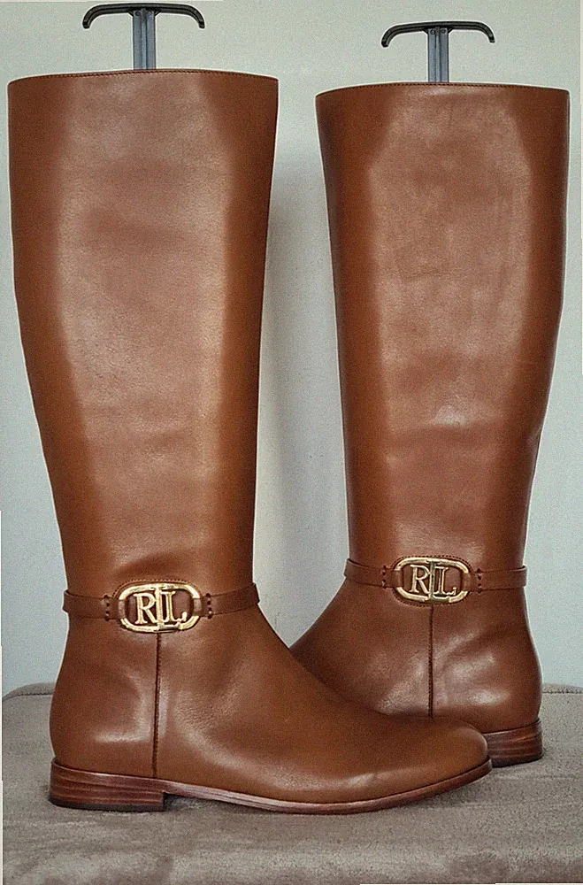 Polo Ralph Lauren Stiefel BRIDGETTE 38 Gold Logo Leder Braun Reißverschluss 300€