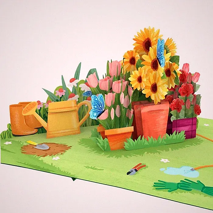 POP UP 3D Klappkarte Gartenarbeit-Blumen Garten Gießkanne Gummistiefel Schaufel
