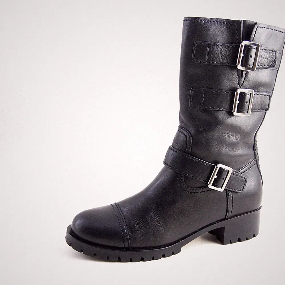 Prada Biker Boots 3U5914 Multi Buckle Black Leather Womens US 9 EU 39