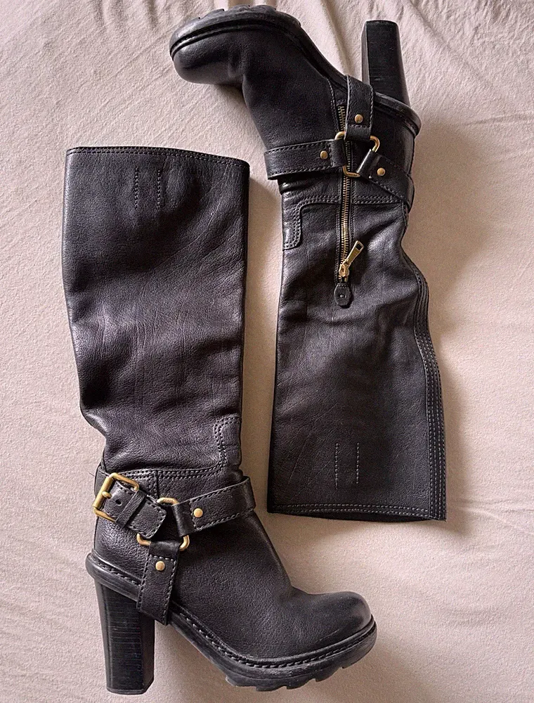 Prada Damen Bikerstiefel Leder schwarz EU 36,5 Blockabsatz Reißverschluss