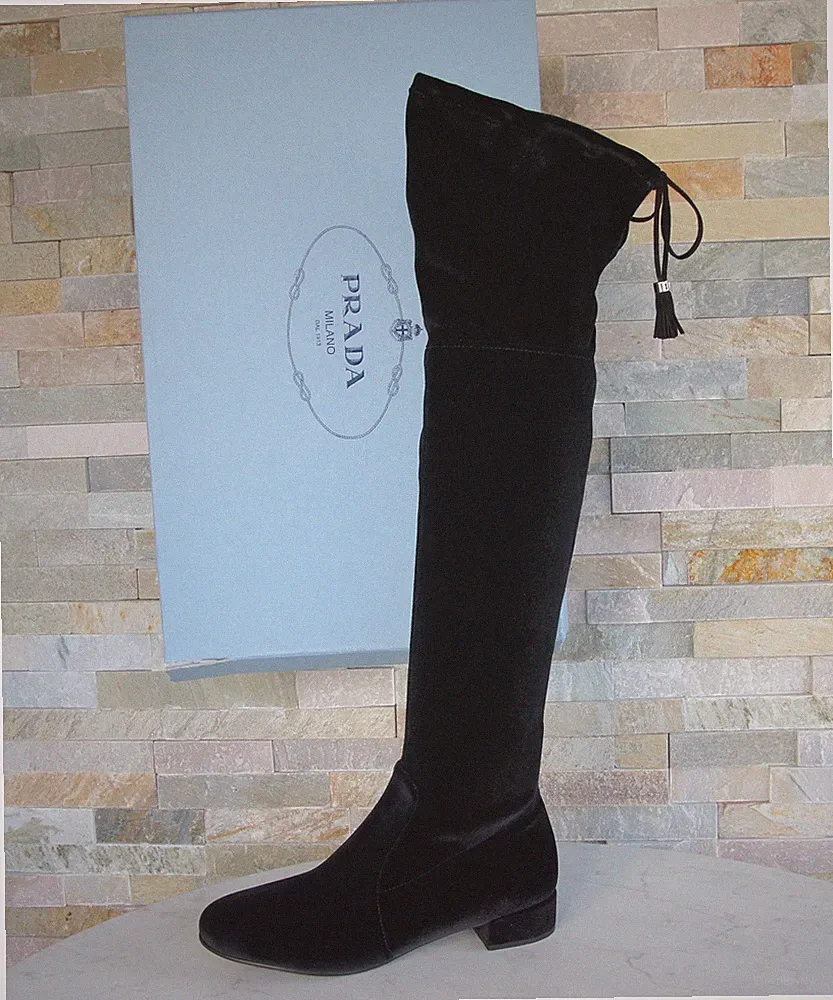 Prada Overknees Stiefel Samt Schuhe schwarz EU 36 EU 38,5 ehem UVP 850 €