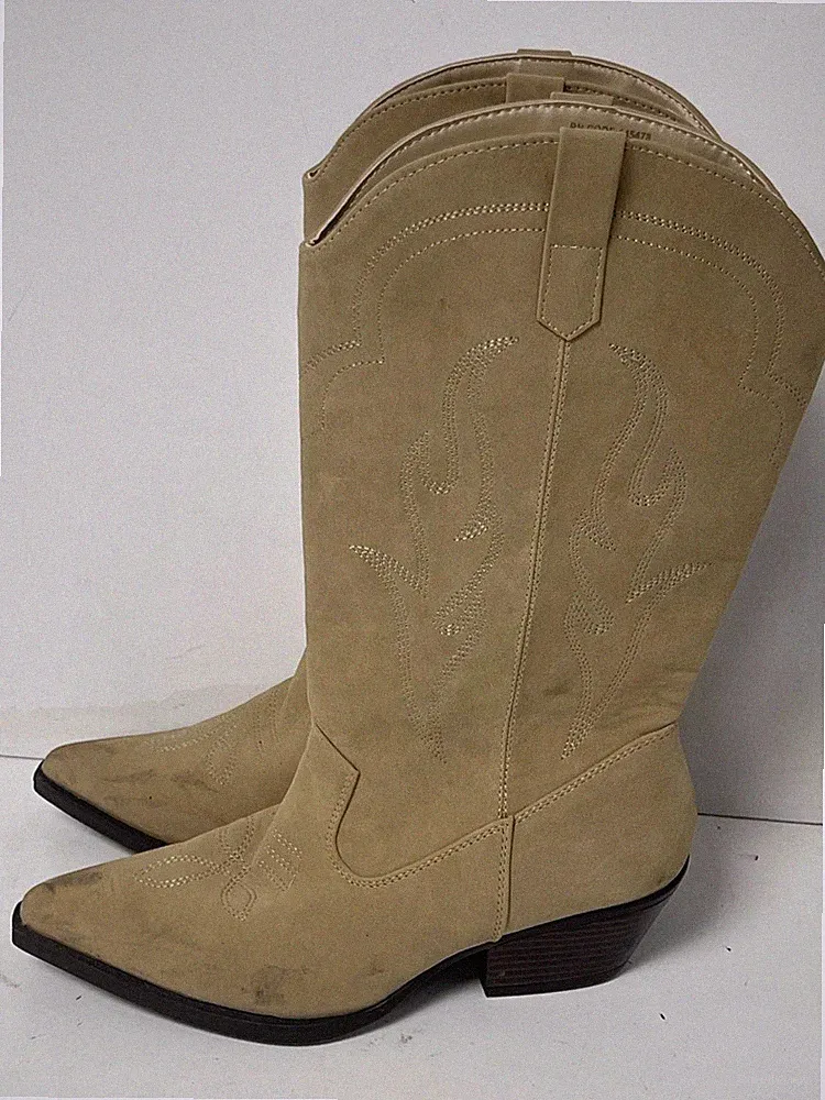 Primark Damen Beige Kunstleder Halbhohe Cowboystiefel Zum Überziehen. UK (5) EUR (38) - E113