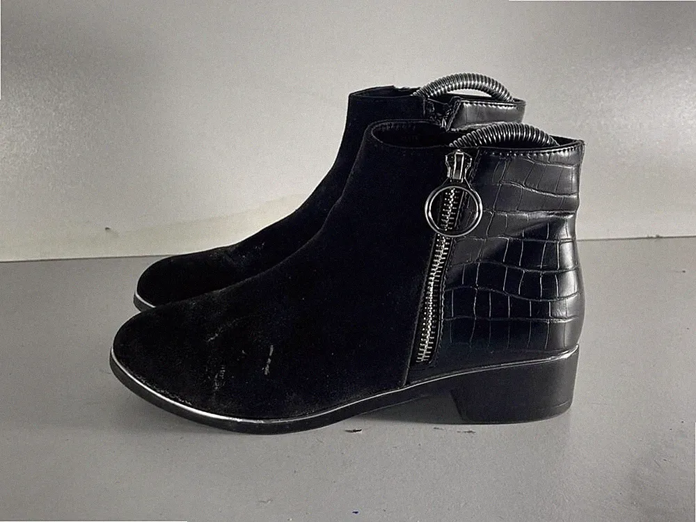 Primark Damen Stiefeletten schwarz Wildleder/Kunstleder Kroko Reißverschluss UK 4 EU 37 -A205