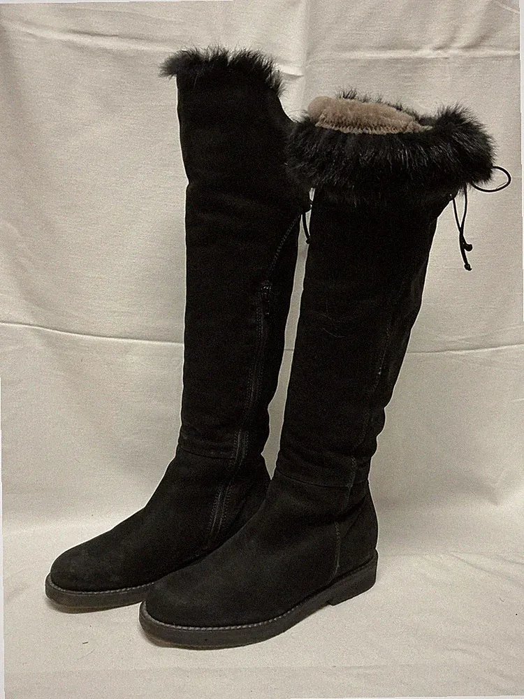 PROGETTO ITALIENISCHE LAMMFELL Overknee Stiefel Wildleder Schwarz Gr 36