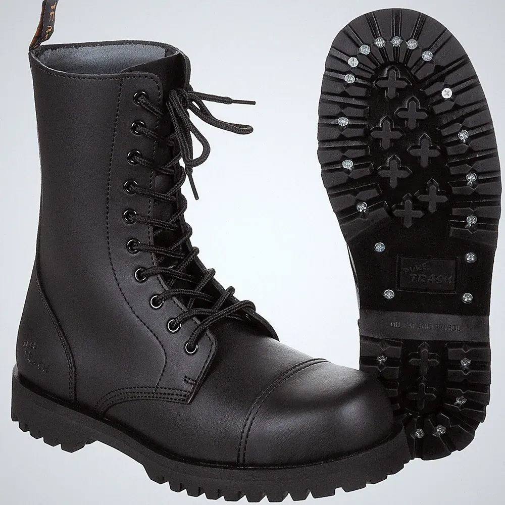 PureTrash Stiefel 10 Loch schwarz Stahlkappe Leder Springerstiefel Boots Schuhe