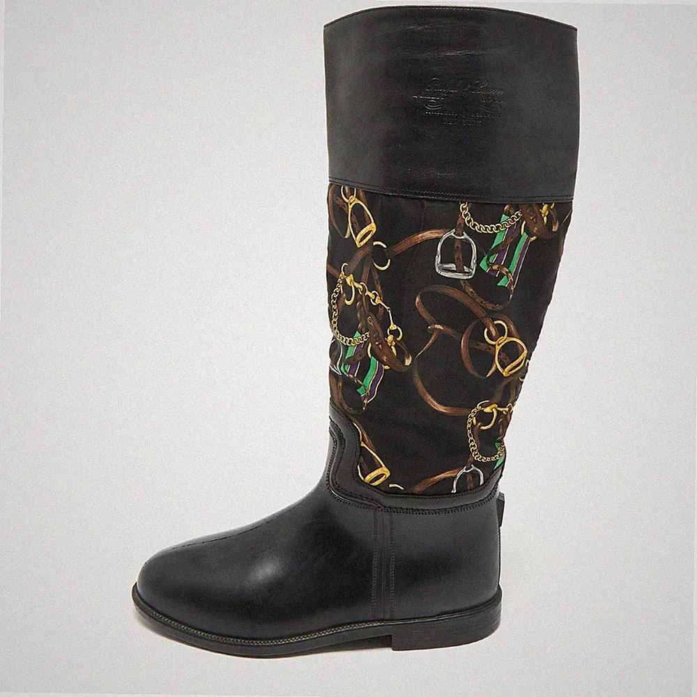 Ralph Lauren Regenstiefel schwarz Gummi und Satin Kettenmuster Größe 43,5