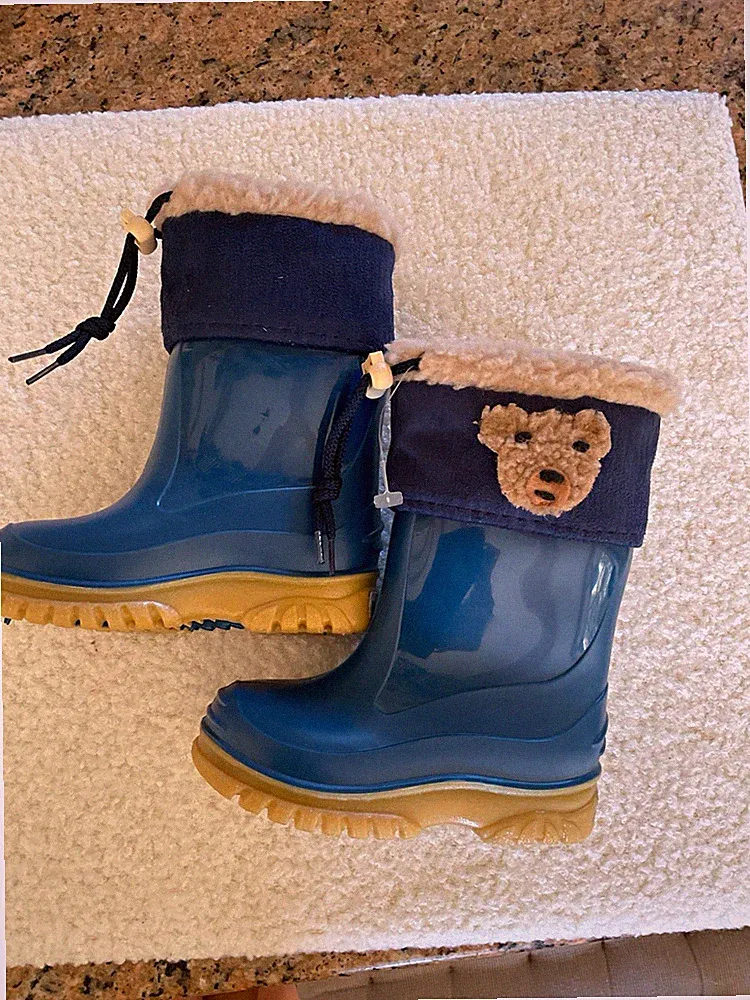 ReimaKids Kinder Gummistiefel Blau/Beige Teddy-Motiv mit Kunstfellbesatz