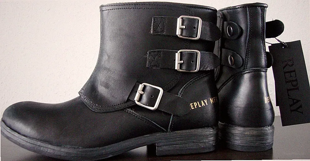 REPLAY NARIE Biker Boots Damen Bootie Stiefelette Stiefel Leder Schwarz Gr38 NEU