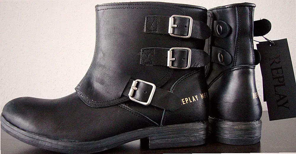 REPLAY NARIE Biker Boots Damen Bootie Stiefelette Stiefel Leder Schwarz Gr39 NEU
