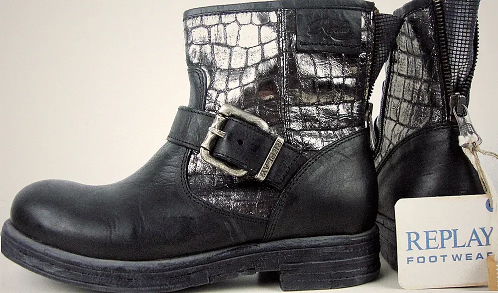 REPLAY RIENA Biker Boots Damen Stiefelette Stiefel Leder Schwarz Silber Gr36 NEU
