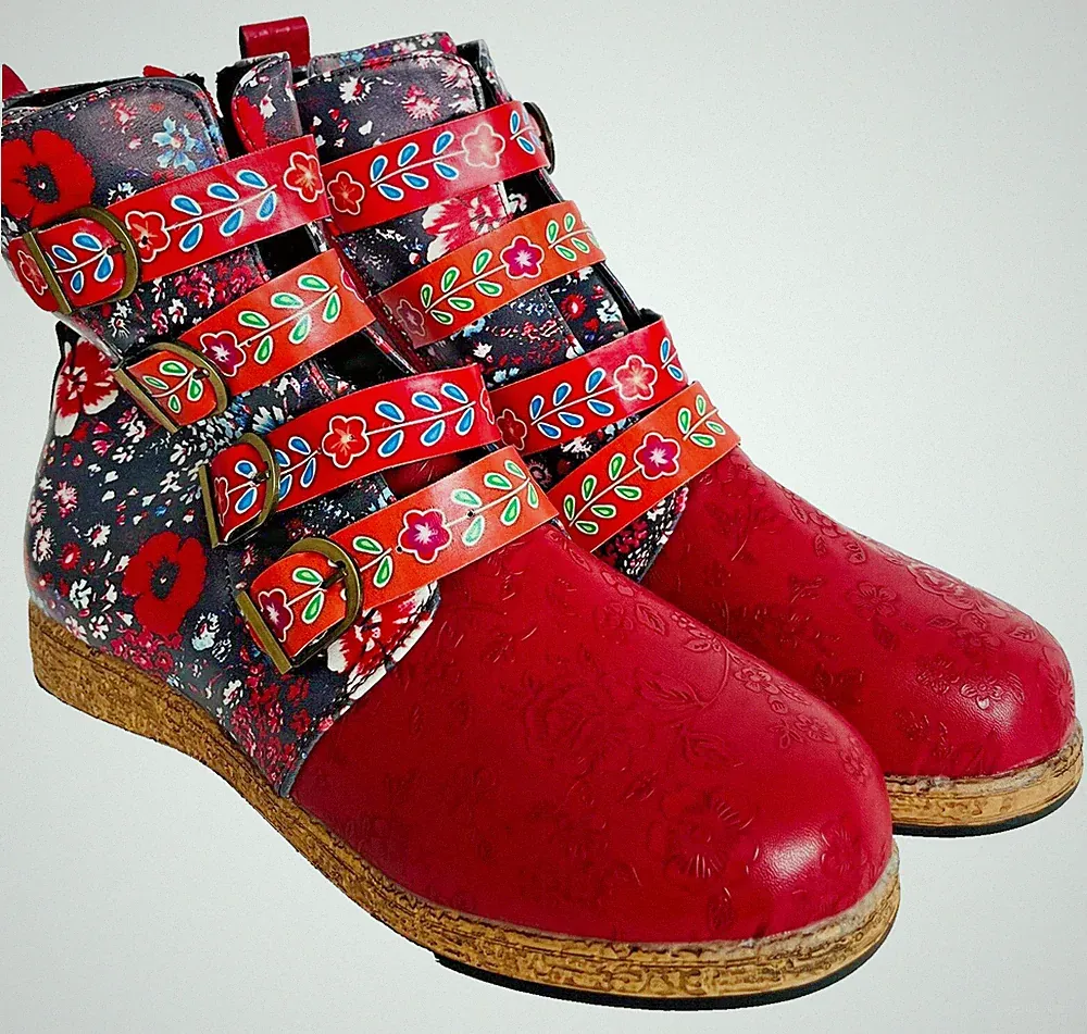 Retro Damen Herststiefel Blumenmuster Flach Kunstleder Größe 39