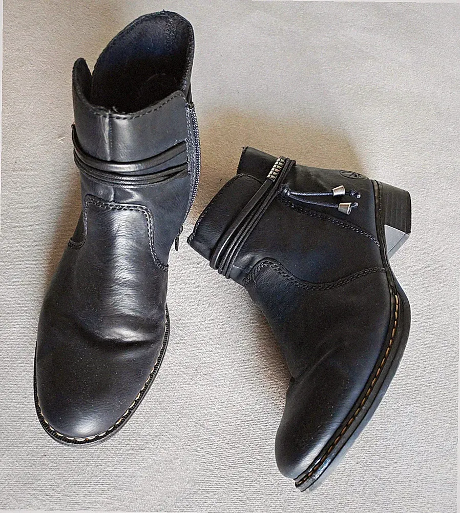 Rieker Damen Stiefelette Leder Schwarz EU 41 Reißverschluss Blockabsatz