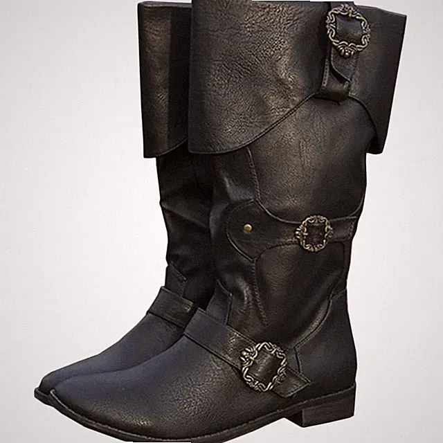 Ritterstiefel Cosplay Mittelalter Stiefel Gürtelschnalle Reitstiefel Schwarz