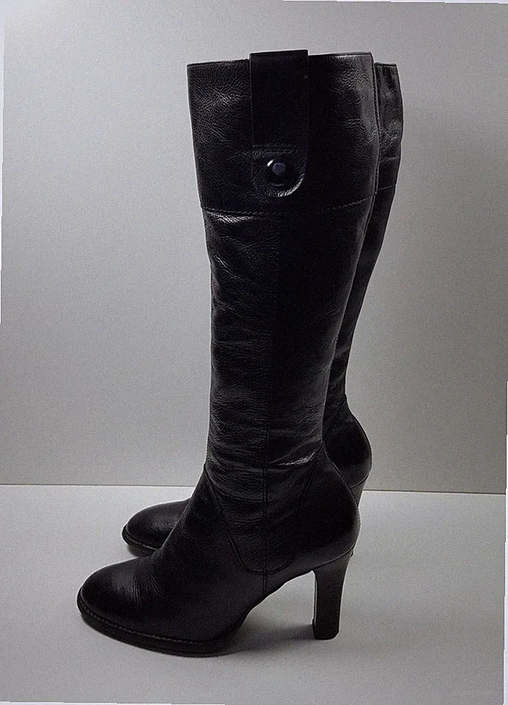 River Island DAMEN 5UK EUR38 SCHWARZ LEDER HOHER ABSATZ KNIESTIEFEL SCHUHE SEITLICHER REISSVERSCHLUSS