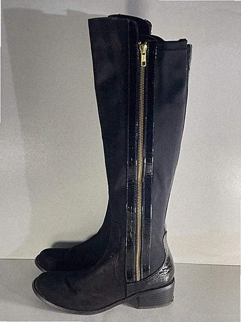 River Island Damen Stiefel Gr. 4 / 37 Schwarz Stoff Stretcheinsatz Kniehoch -B235