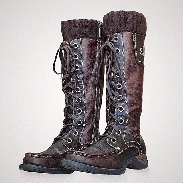 s Oliver Winterstiefel 39 Braun Leder Optik Schnürung Strickschaft Vintage Look