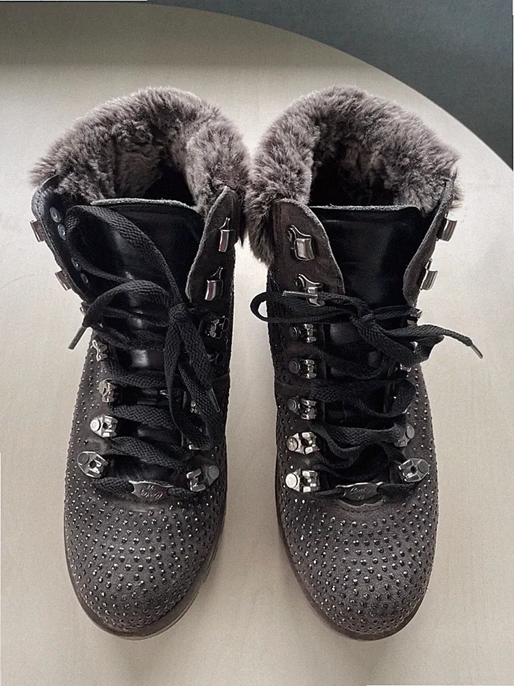 Salamanders Winterschuhe Boots Schnürschuhe Leder grau schwarz Fell Glitzer 38