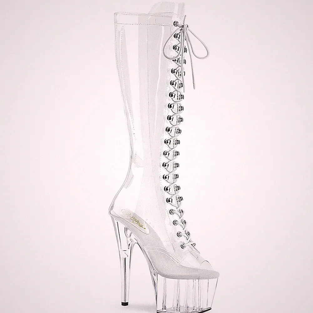 Sale ADORE-2021C Pleaser Peep Toe High Heels kniehohe Plateaustiefel klar Gr 36