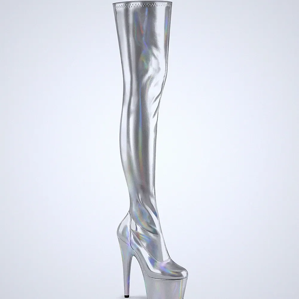 Sale ADORE-3000HWR Pleaser Plateauoverkneestiefel silber Stretch-Hologramm Gr 37