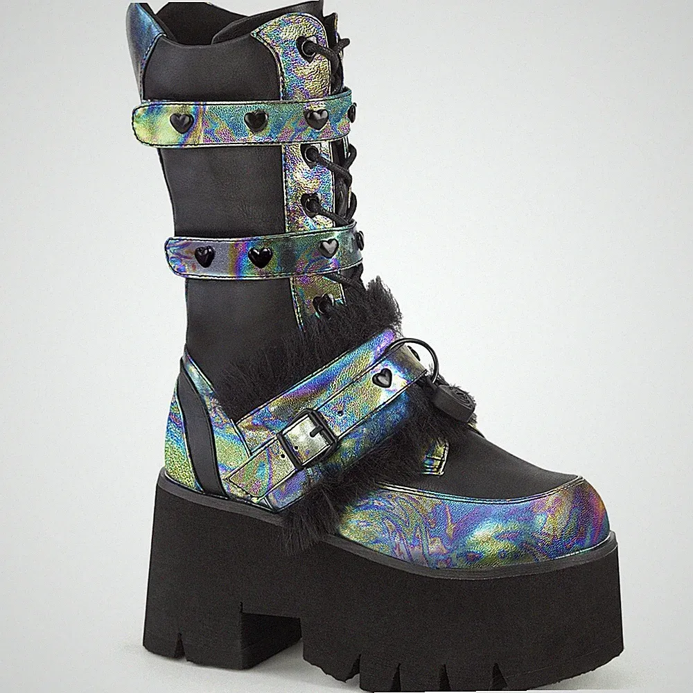 Sale ASHES-120 Damenia Plateaustiefel Herznieten schwarz grün Multi Lederlook 39