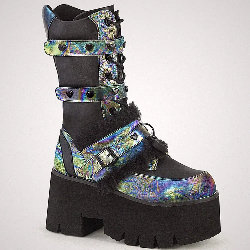 Sale ASHES-120 Damenia Plateaustiefel Herznieten schwarz grün Multi Lederlook 39