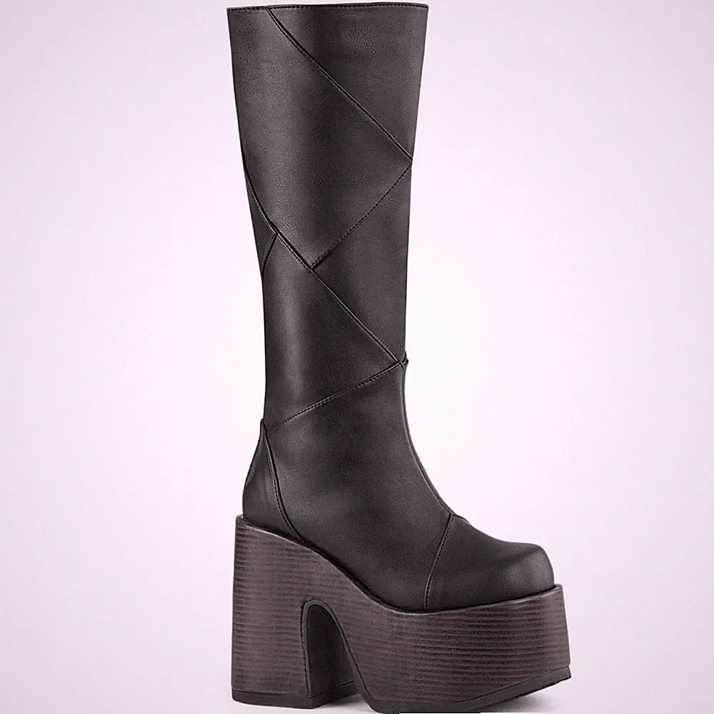 Sale CAMEL-280 Damenia Damen kniehohe Plateaustiefel Patchwork schwarz Matt 40