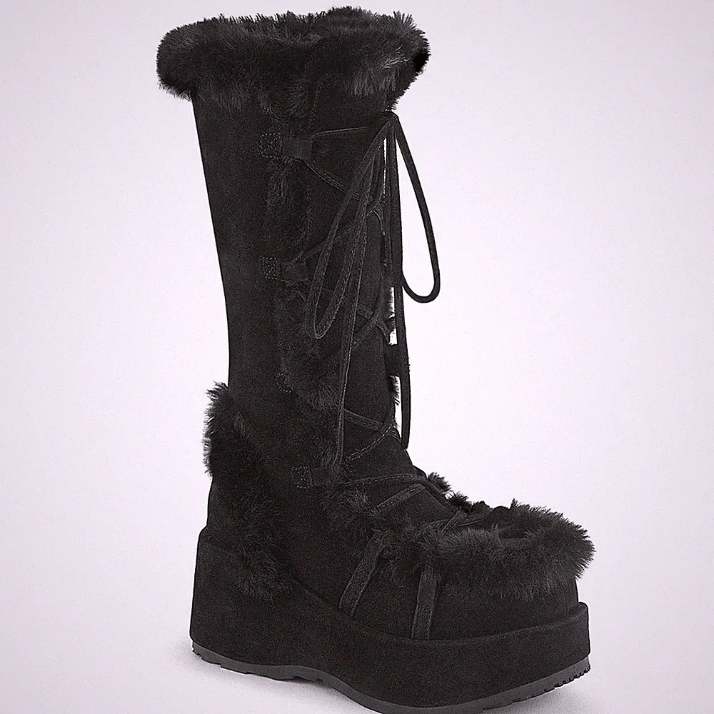 Sale CUBBY-311 Damenia Schnür Plateaustiefel Fellbesatz schwarz Mikrofaser 38