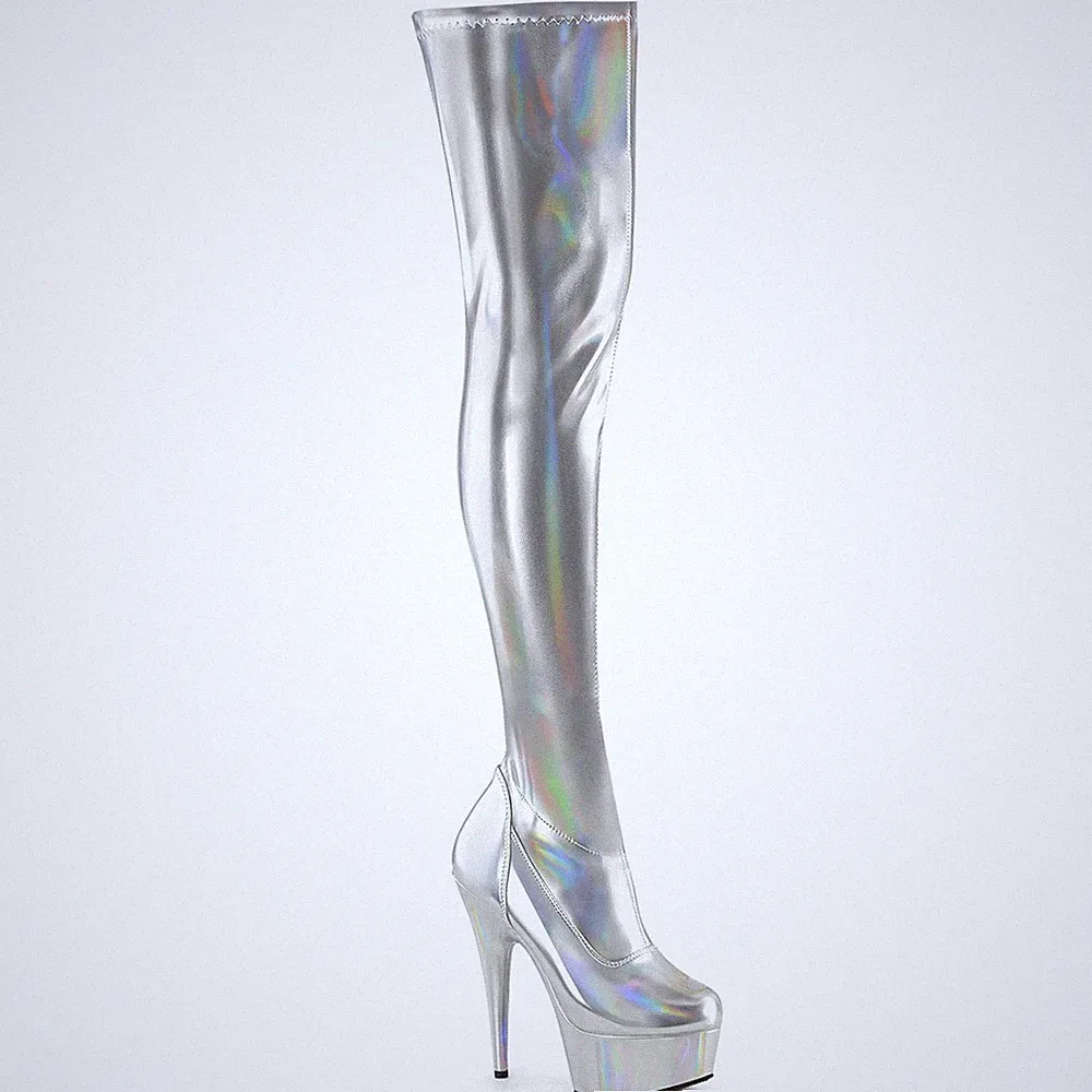 Sale DELIGHT-3000HWR Pleaser Plateauoverkneestiefel silber Hologrammeffekt Gr 38