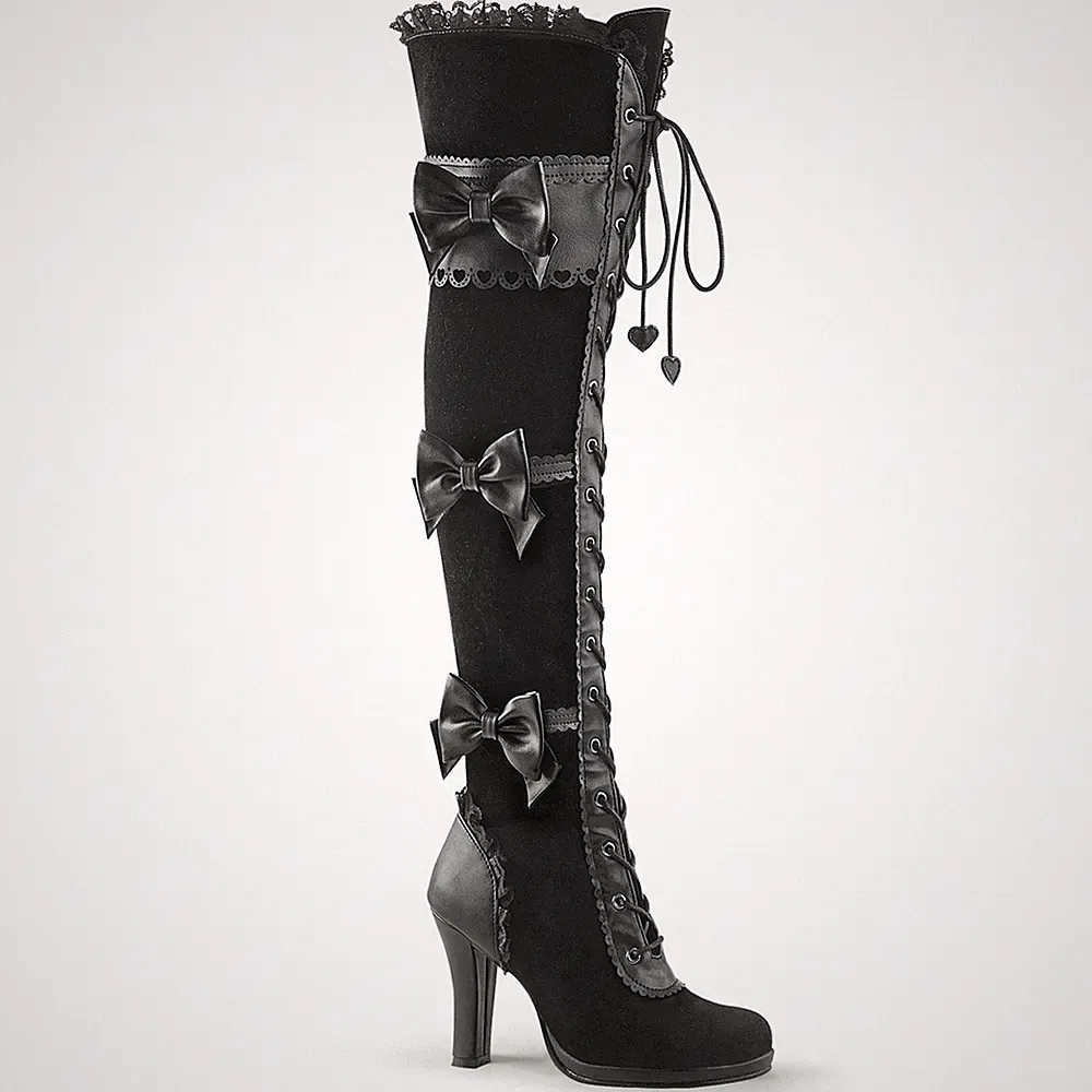 Sale GLAM-300 High-Heels Overkneestiefel schwarz Lederoptik Samt Schleifen Gr 39