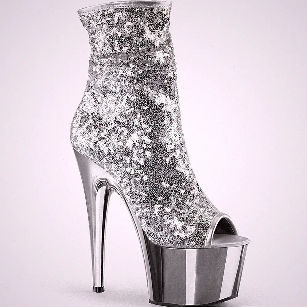 SALE! Pleaser Damen Gogo Pailetten-Booties Adore-1008SQ silber Gr. 37