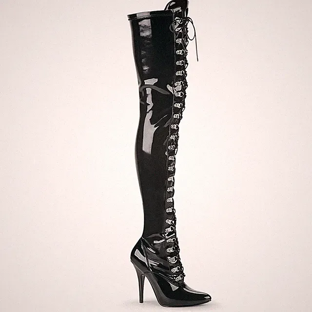 Sale SEDUCE-3024 Pleaser High-Heels Overkneestiefel D-Ring Schnürung schwarz 39