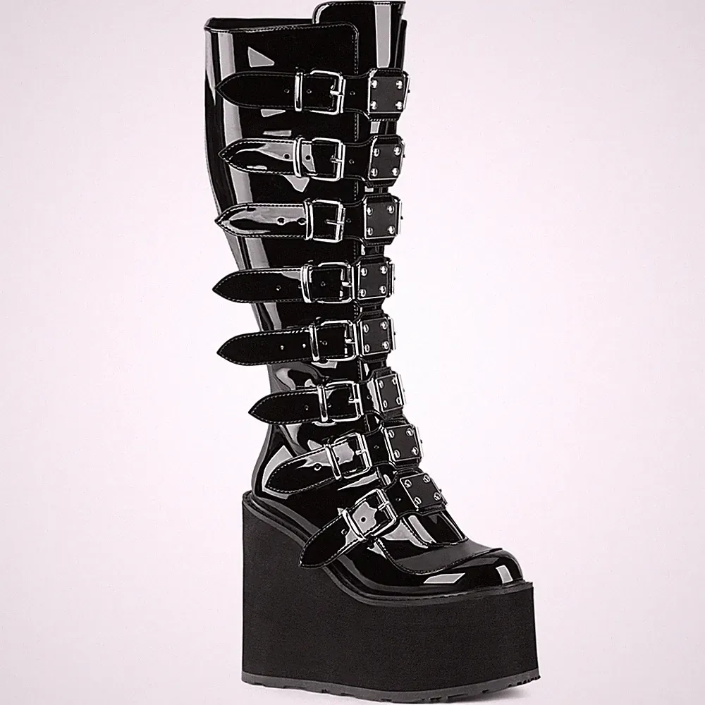 Sale SWING-815WC Damenia Damen Keil-Plateaustiefel extra Weite schwarz Lack 40