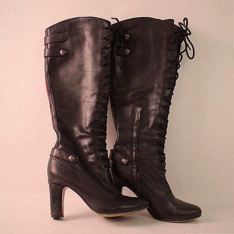 Sam Edelman Sanford Damen Stiefel 6,5M Schwarz Leder Schnür Zip Blockabsatz