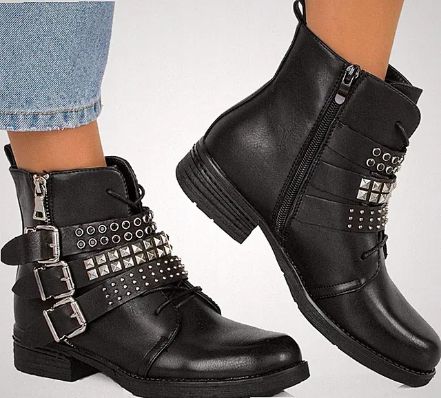Schnürstiefeletten Biker Boots Damen Gefüttert mit Nieten und Schnallen Trendy-2