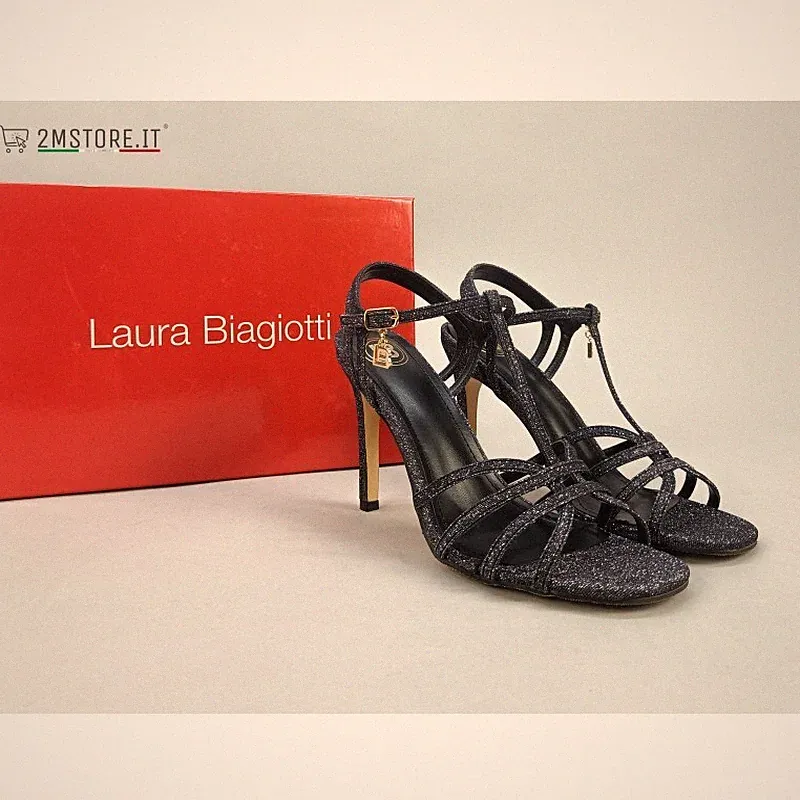 Schuhe Sandalen mit Absatz Laura Biagiotti Schwarz Lady Glitzer Absatz 10 cm Große Gala