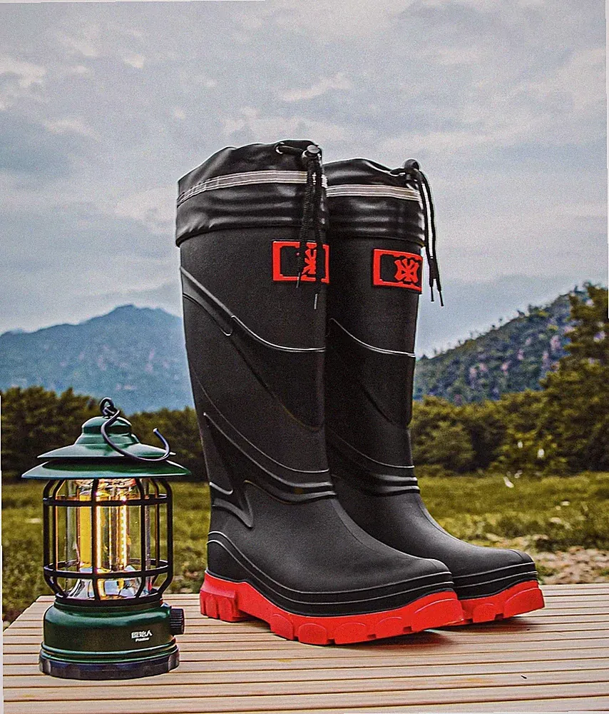 Schwarz & Rot Wasserdicht Kniehohe Regenstiefel mit Kordelzug Top zum Angeln