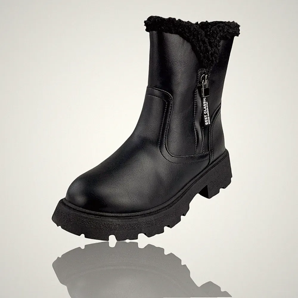 Schwarze Damen Stiefel Boots Winter Gefüttert Blockabsatz Profilsohle 73794