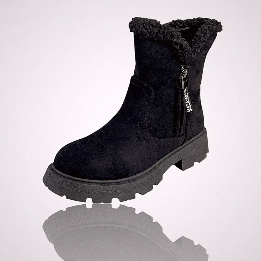 Schwarze Damen Stiefel Winter Boots Gefüttert Blockabsatz Velour Optik 73798