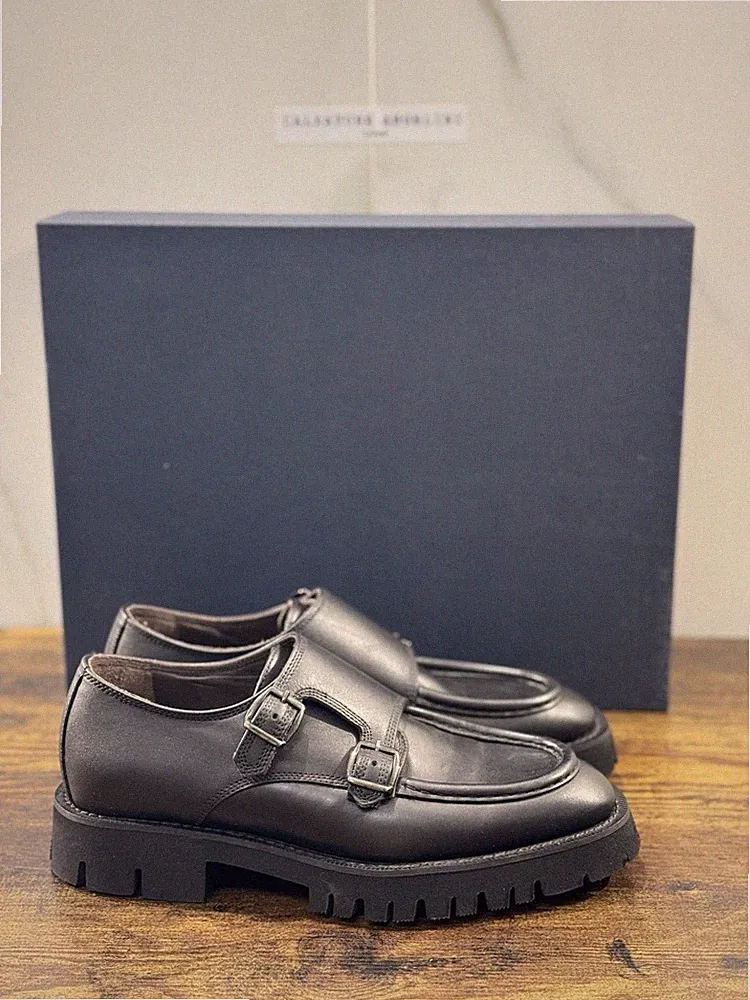 Seboy's Mokassin Doppelte Schnalle Damen Leder Schwarz Casual Loafer 37