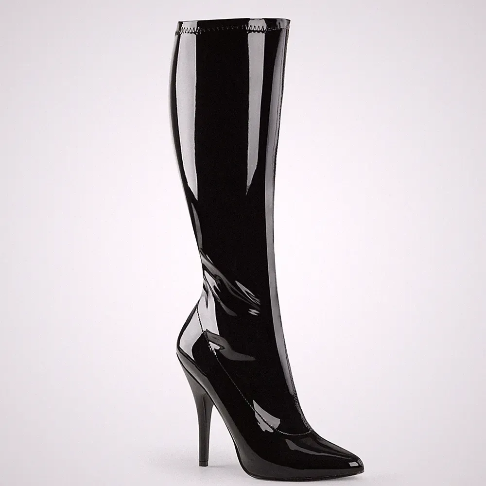 SEDUCE-2000 kniehohe Pleaser Stilettoabsatz Damen Stretch Stiefel schwarz Lack