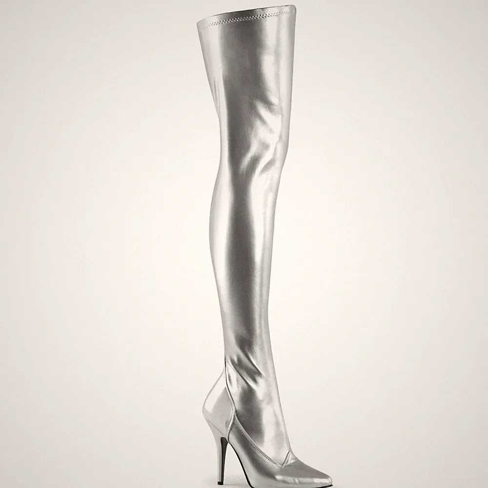 SEDUCE-3000 Pleaser Stiletto High-Heels Stretch Overkneestiefel silber Lederlook