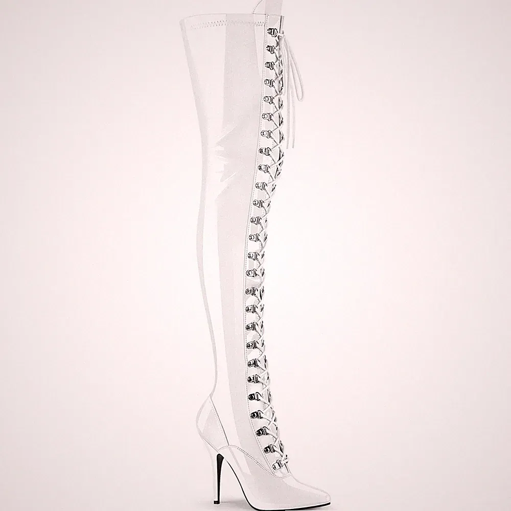 SEDUCE-3024 Pleaser Damen High-Heels Overkneestiefel D-Ring Schnürung weiß Lack
