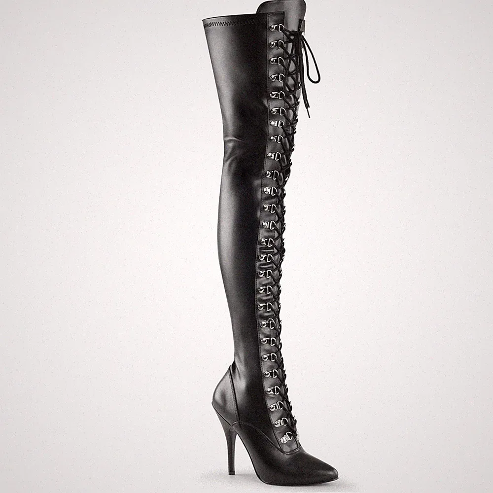 SEDUCE-3024 Pleaser High-Heels Overkneestiefel mit Schnürung schwarz Lederoptik