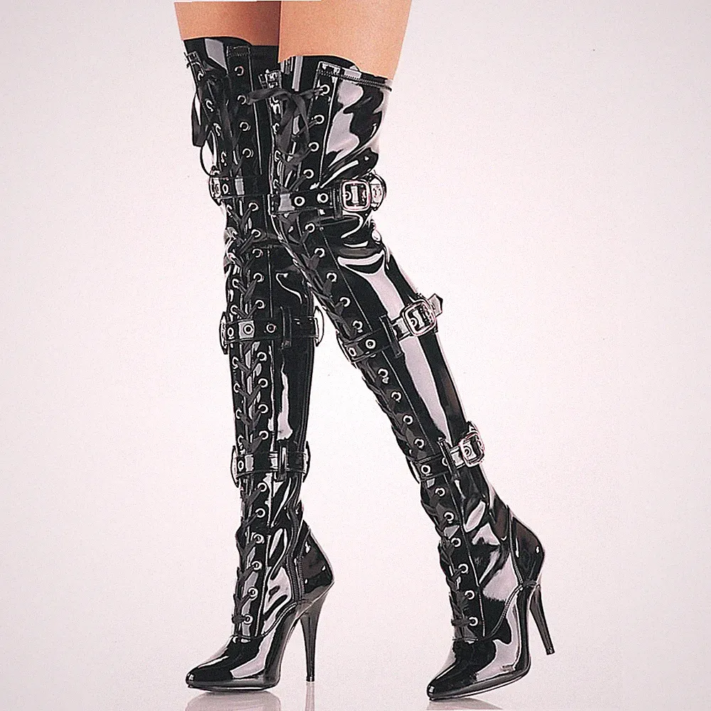 SEDUCE-3028 Pleaser High-Heels Overkneestiefel Schnürung 3 Riemchen schwarz Lack