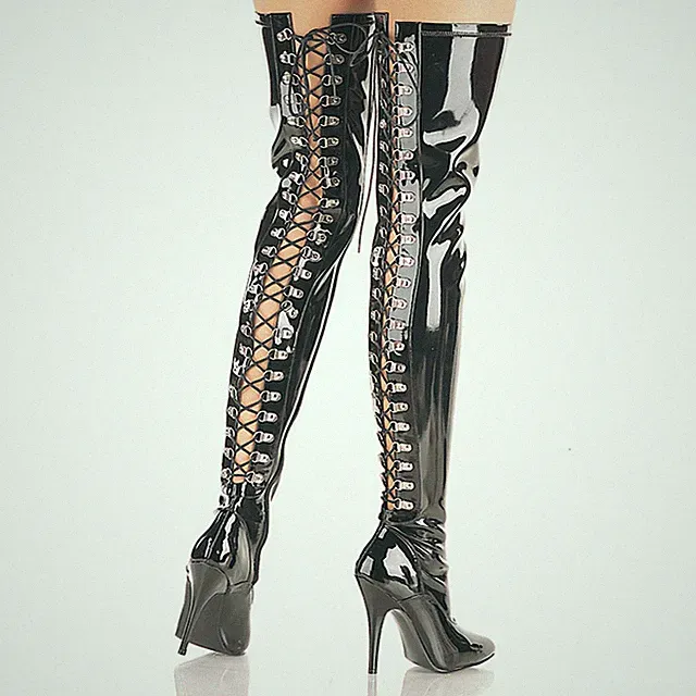 SEDUCE-3063 Pleaser High-Heels Overkneestiefel mit Schnürung hinten schwarz Lack