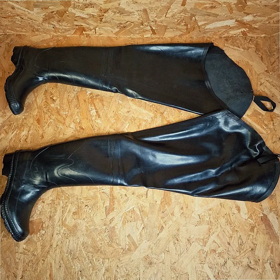 Seltene CEBO Wathose schwarz Gummi UK Größe 9 US 10 Baumwolle gefüttert Fetisch glänzend sehr guter Zustand