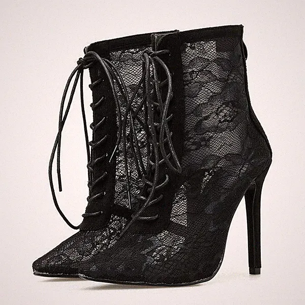 Sexy Damen Netzgewebe Sandalen High Heels Spitz Zehen Schnürschuhe Stiefeletten