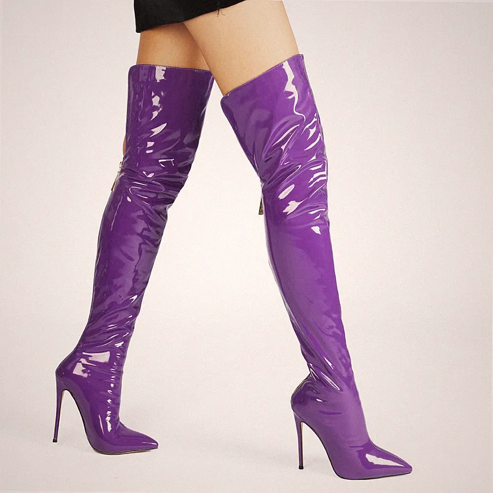 Sexy Damen Stilettoabsatz Spitz Pumps Reißverschluss Schenkelhoch Stiefel Party