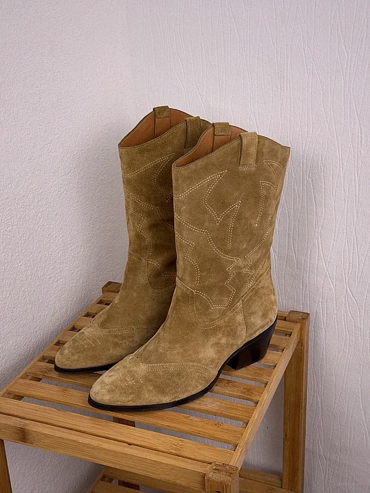 SEZANE Suede Cowboy Boots Tan Camel Western Mid Calf Embroidered EU 39 US 9 UK 7